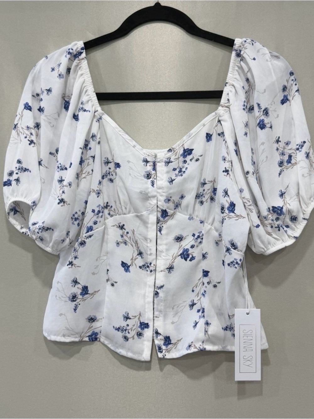 Sienna Sky White Top with Blue Floral Puff Sleeves - Picture 1 of 7